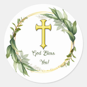Editable Leaf Wreath and Cross God Bless You Classic Round Sticker