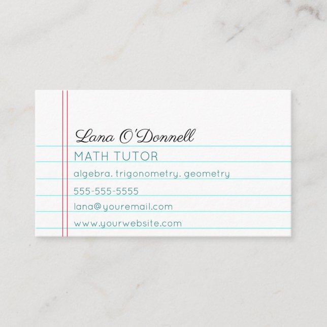 Editable Lined Notebook Paper Tutor Business Card (Front)