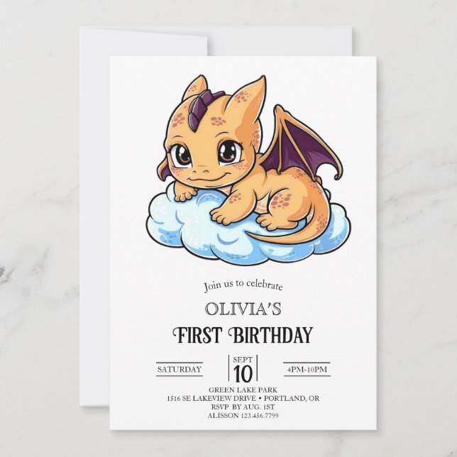 Editable Little Digital Dragon 1st Birthday Invitation (Front)