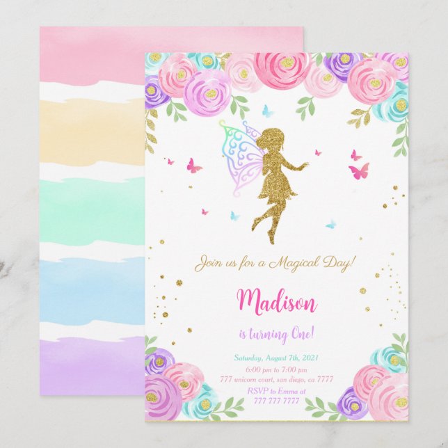 Editable Little Fairy Birthday Party  Invitation (Front/Back)