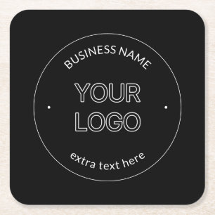 Editable Logo Replacement & Business Name   Black Square Paper Coaster