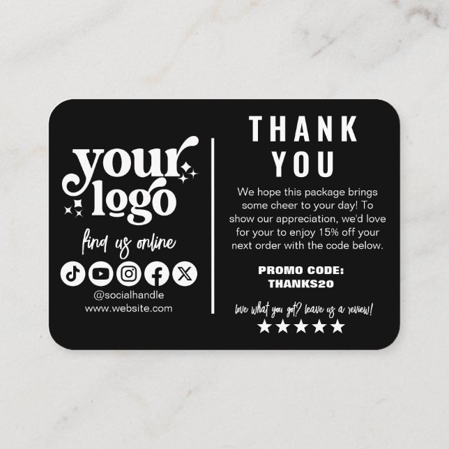 Editable Logo Retro Black White Thank You Package Enclosure Card (Back)