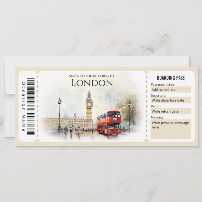 Editable London Plane Boarding Pass Ticket Invitation (Front)