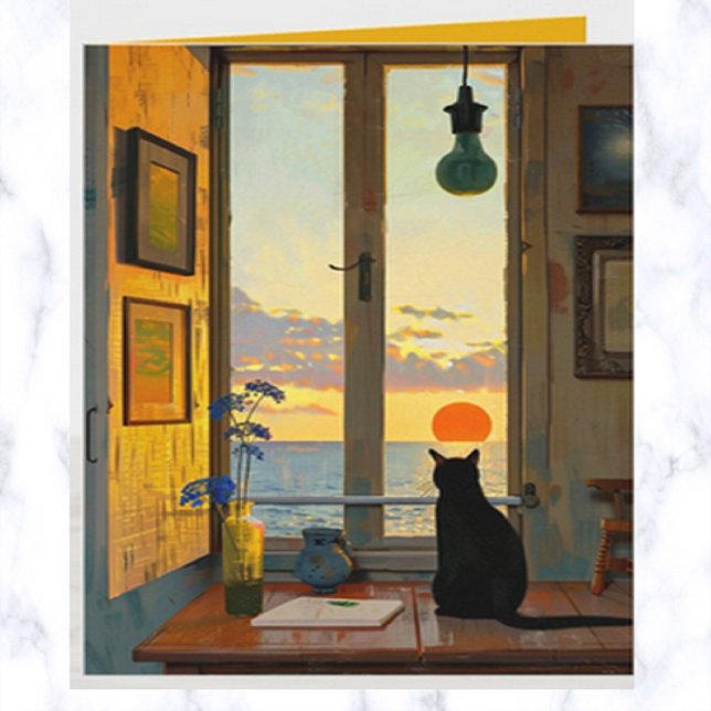 Editable Lonely Cat Watching a Sunset Card (Creator Uploaded)