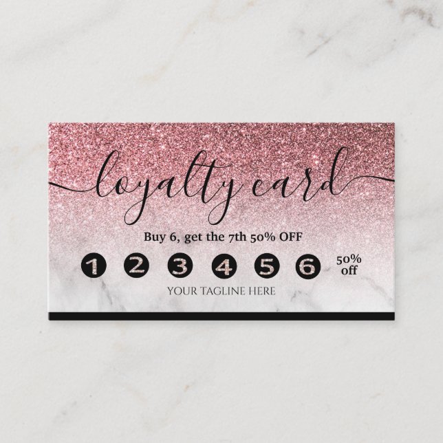 Editable loyalty card rose gold glitter marble  (Front)