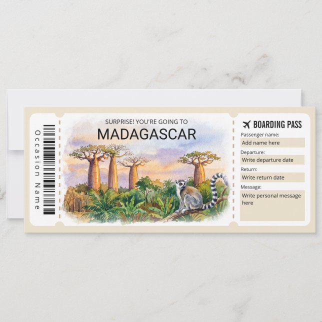 Editable Madagascar Trip Boarding Pass Ticket Invitation (Front)