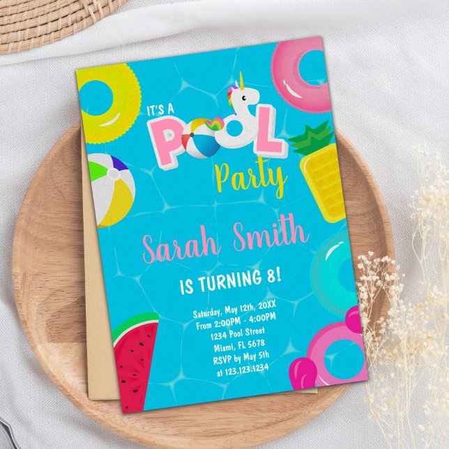 Editable Magical Summer Swim Party Invite (Unicorn watermelon Pool Birthday Invitations)