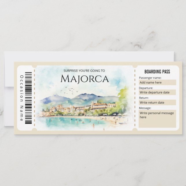 Editable Majorca Plane Boarding Pass Ticket Invitation (Front)