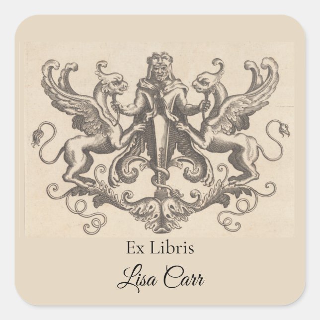 Editable Man And Two Griffins Bookplate Square Sticker (Front)