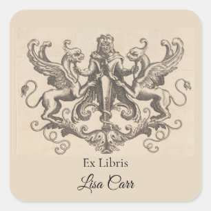 Editable Man And Two Griffins Bookplate Square Sticker