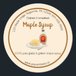 Editable Maple Syrup Label<br><div class="desc">This editable label features a light background with a brown ring. In the centre is an illustration of maple syrup and a plate of pancakes. At the top is the contact information for the company/ business, the company name and the product name. Below, is the ingredient list and the website...</div>