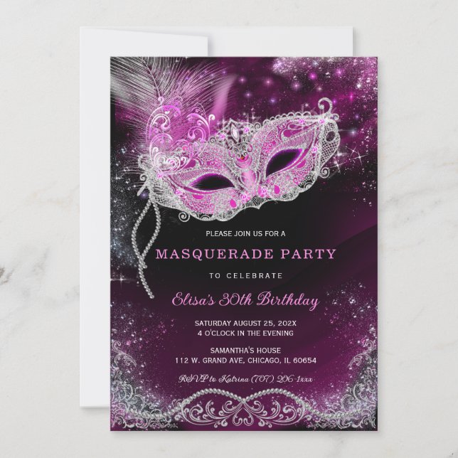 Editable Masquerade Black and Pink Party  Invitation (Front)
