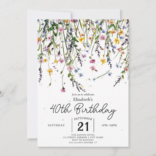 Editable Meadow Wildflowers 40th birthday Invitation (Front)