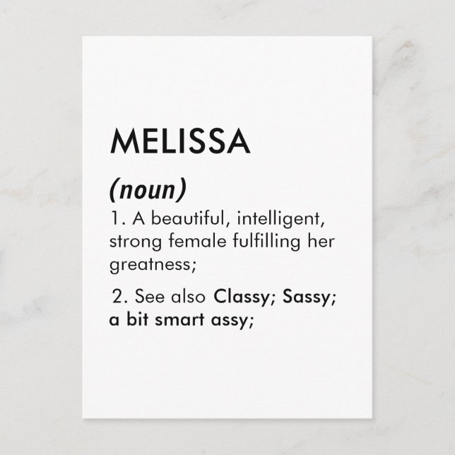 Editable Melissa name definition, custom name Postcard (Front)