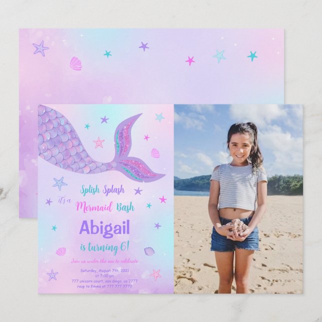 Editable Mermaid Birthday Photo Invitation (Front/Back)