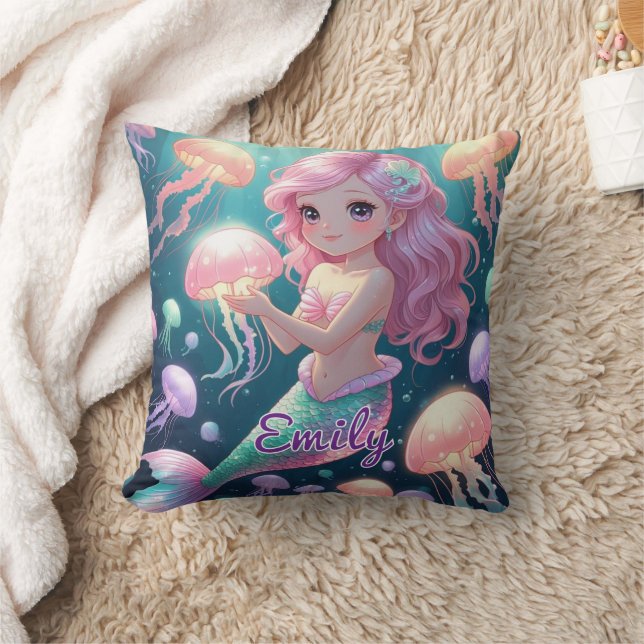 Editable Mermaid & Jellyfish Square Pillow (Blanket)