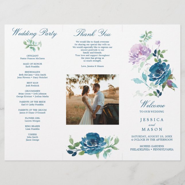 Editable Midnight Blooms Trifold Wedding Program (Front)