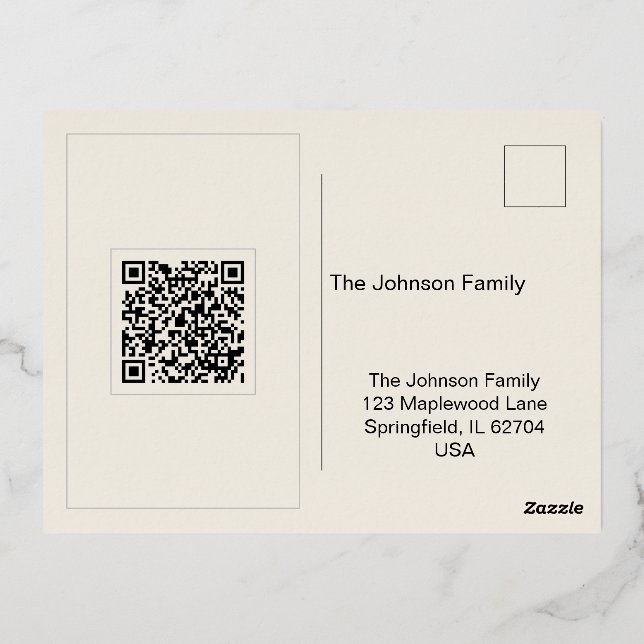 Editable Minimal QR Code Postcard with Gold Text (Back)