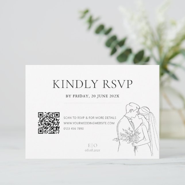 Editable Minimalist Wedding Line Art QR Code RSVP Card (Standing Front)