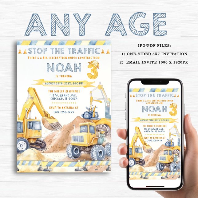 Editable Modern Construction Birthday Party Invitation (Creator Uploaded)