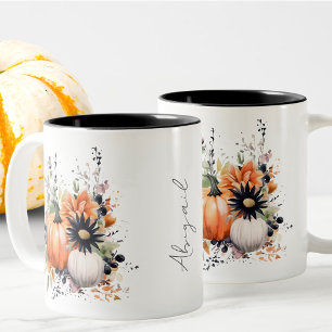 Editable Modern Cute Girly Orange Pumpkin Fall Two-Tone Coffee Mug