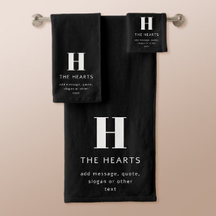 Editable Modern Monogram Name & Message   Black Bath Towel Set
