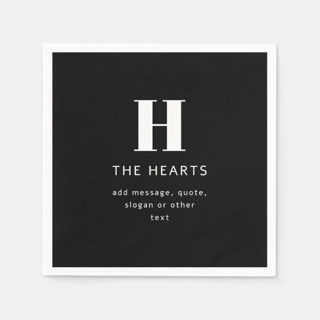 Editable Modern Monogram Name & Message | Black Napkin (Front)