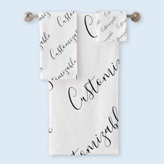 Editable Modern Scrip Text Pattern | Black & White Bath Towel Set (Creator Uploaded)