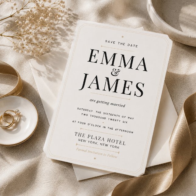 Editable Modern Serif Luxury Save The Date Invitation (Modern luxury Save the Date card with champagne accents and elegant editorial styling.)
