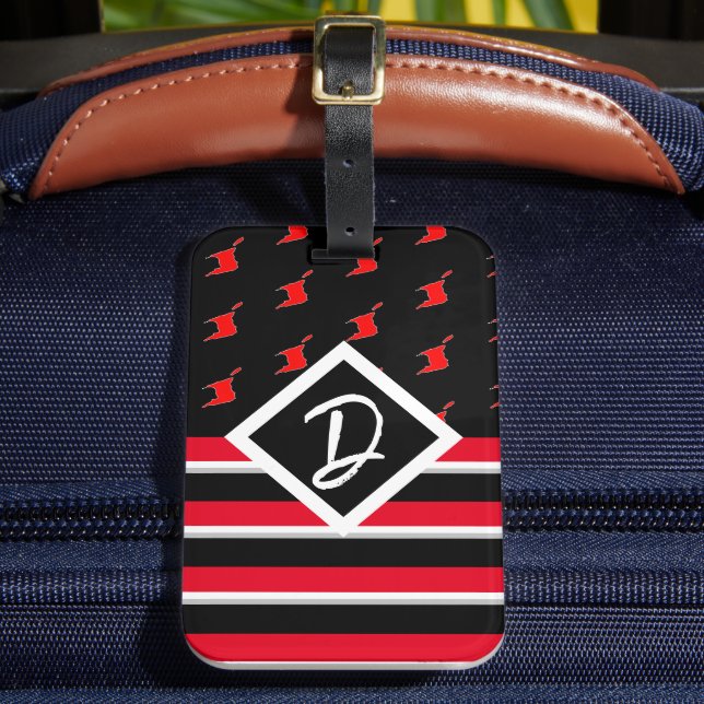 Editable - Monogram Initial Red White Black Luggage Tag (Front Insitu 2)