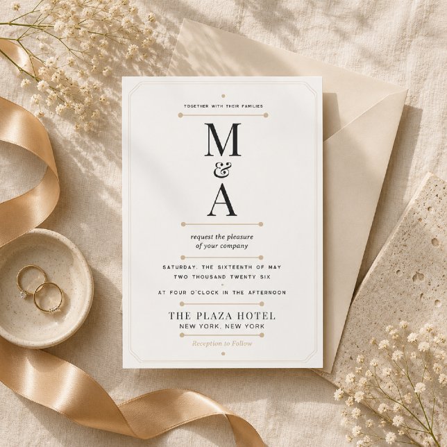 Editable Monogram Minimal Luxury Wedding Invitation (Elegant Monogram Wedding Invitation on luxurious warm linen with timeless editorial styling.)