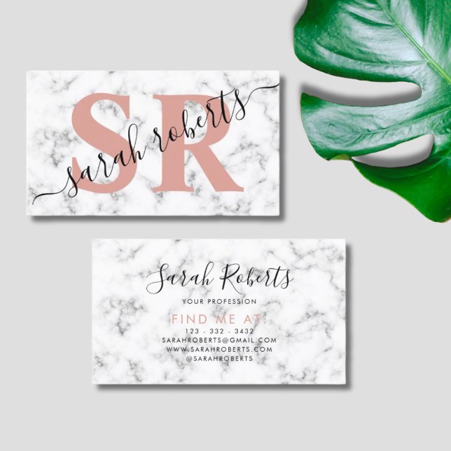 Editable monogram name marble rosegold business card (Creator Uploaded)