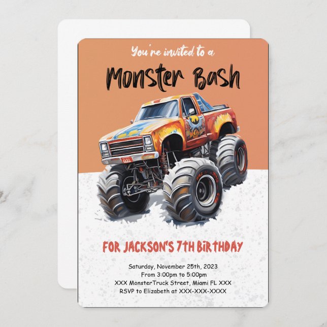 Editable Monster Truck Birthday  Invitation (Front/Back)