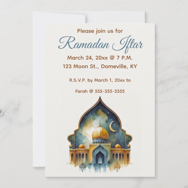 Editable Mosque and Moon Ramadan Iftar Invitation (Front)