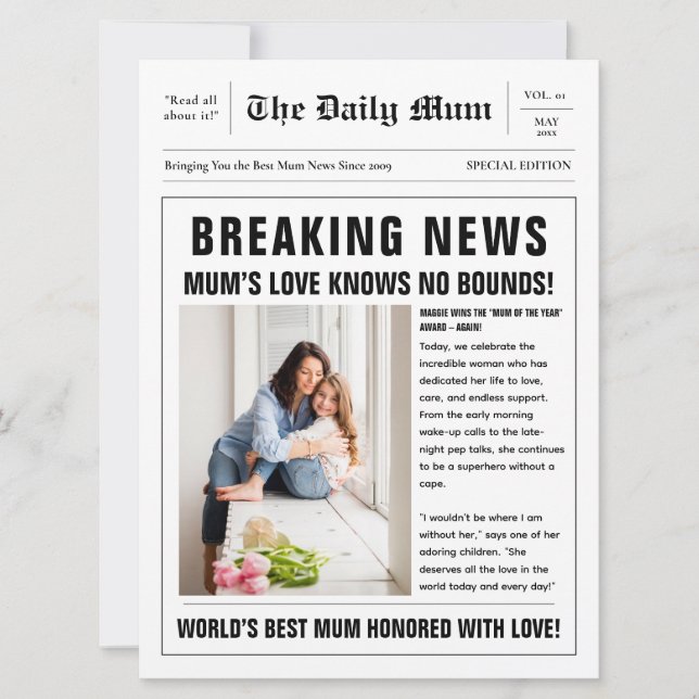  Editable Mothers Day Newspaper Greeting  Card (Front)