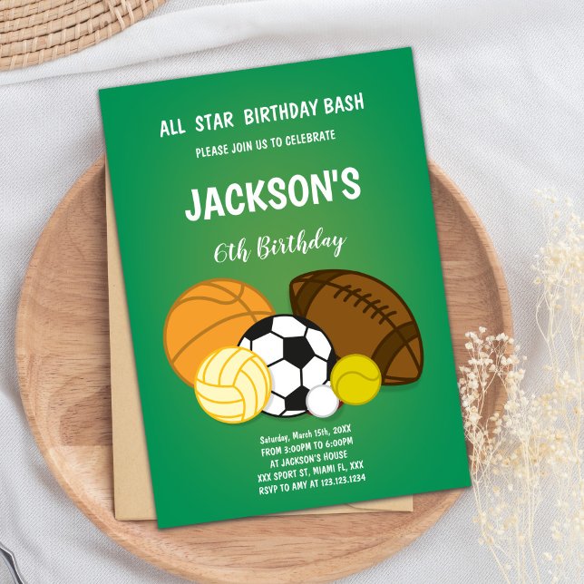 Editable Multi-Sport Party Invite for Boys (Center Sports Balls Birthday Invitations)