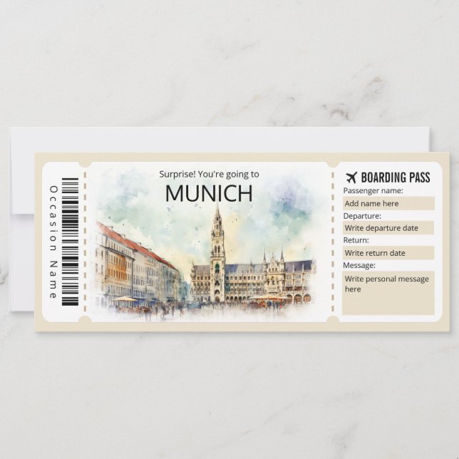 Editable Munich Plane ticket Germany Boarding Pass Invitation (Front)