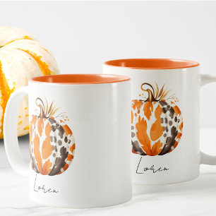 Editable Name Cute Orange Pumpkin Harvest Fall Two-Tone Coffee Mug