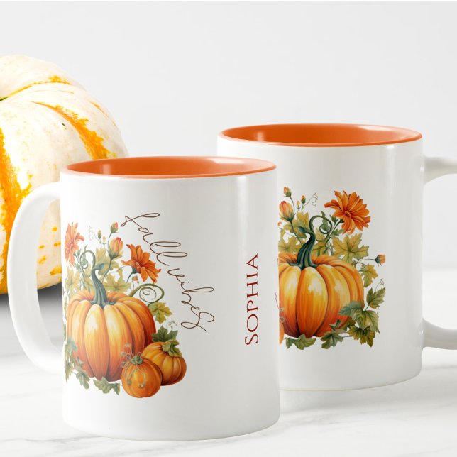 Editable Name Cute Orange Pumpkin Patch Fall Two-Tone Coffee Mug (Creator Uploaded)