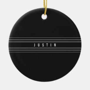 Editable Name & Geometric Stripes Black & White Ceramic Ornament