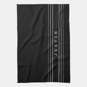 Editable Name & Geometric Stripes Black & White Kitchen Towel