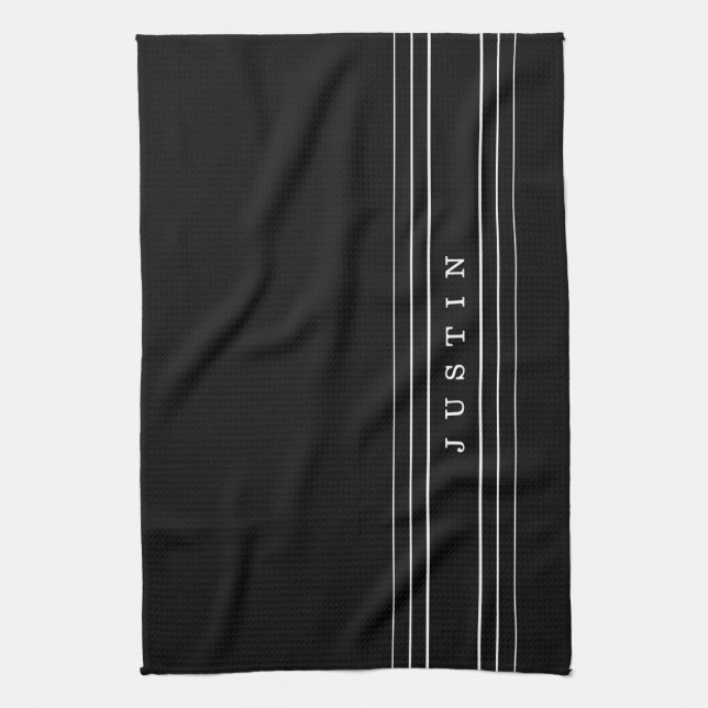 Editable Name & Geometric Stripes | Black & White Kitchen Towel (Vertical)