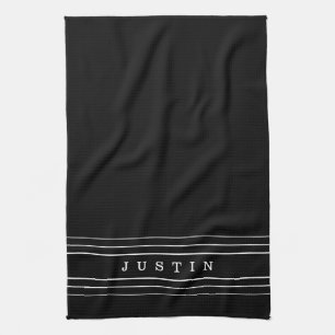 Editable Name & Geometric Stripes   Black & White Kitchen Towel