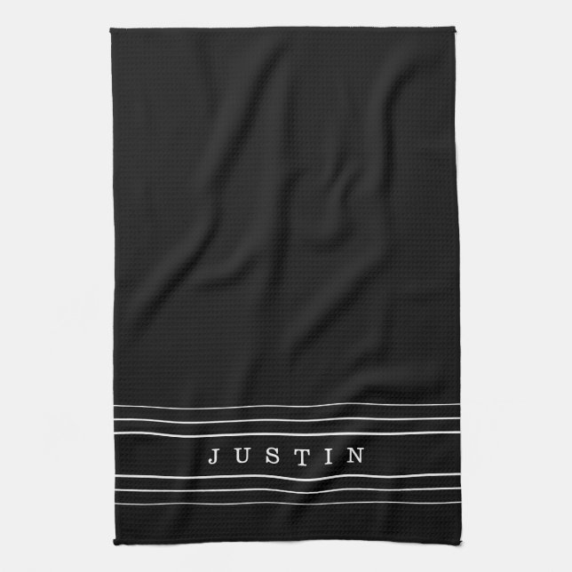 Editable Name & Geometric Stripes | Black & White Kitchen Towel (Vertical)