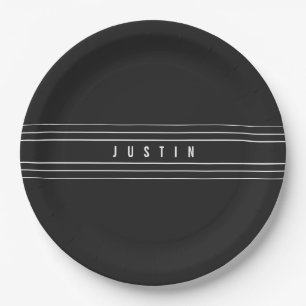 Editable Name & Geometric Stripes   Black & White Paper Plate