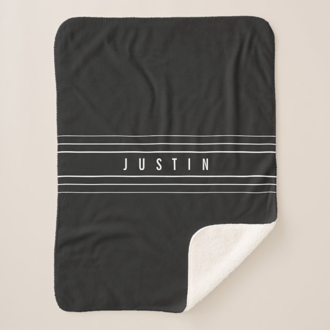Editable Name & Geometric Stripes | Black & White Sherpa Blanket (Front)