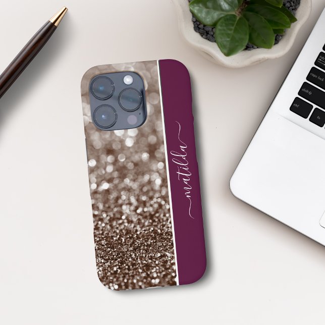 EDITABLE name Glitter Bokeh copper and burgundy Case-Mate iPhone Case (Creator Uploaded)