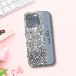 EDITABLE name Glitter Bokeh silver & dusty blue iPhone 16 Pro Case