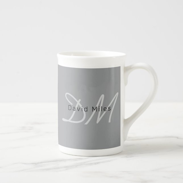 Editable Name or Greeting | Black & Dark Grey Bone China Mug (Right)