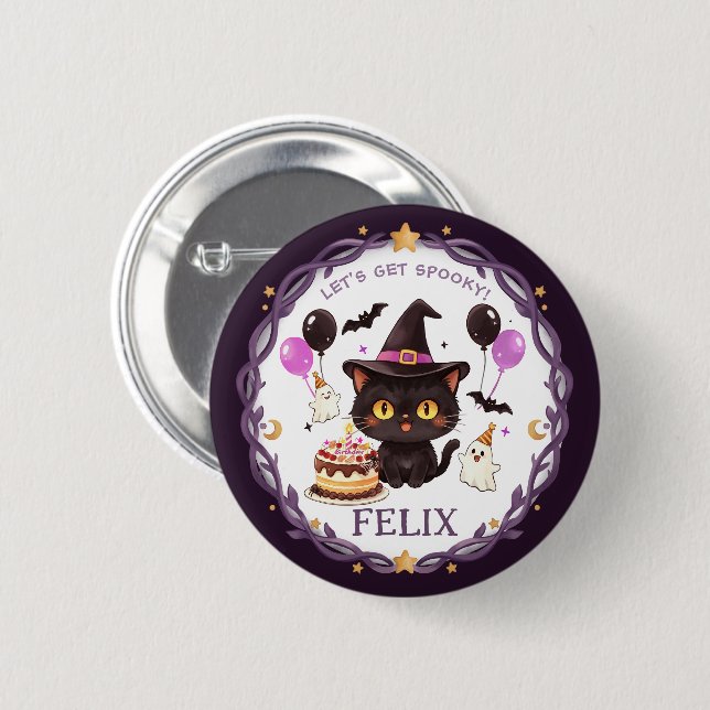 [Editable Name] Spooky Cute Witch Black Cat Wizard 2 Inch Round Button (Front & Back)